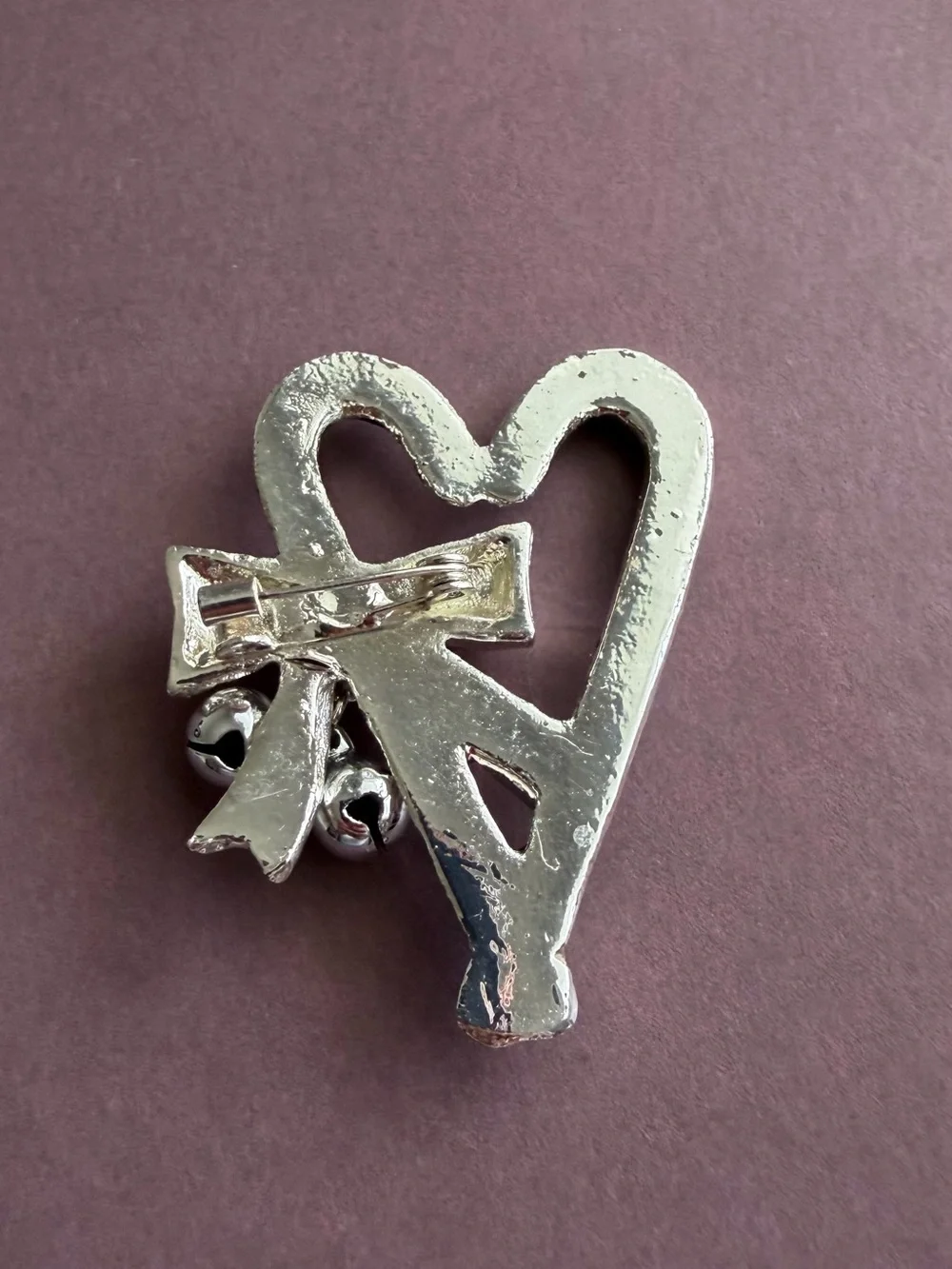 Silver & Red Candy Cane Heart Brooch with Bells